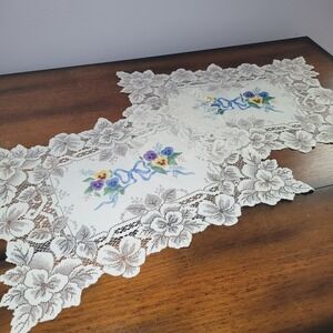 Vintage Pansy Lace Placemats Set of 2 Floral Embroidered Cream Table Linens
